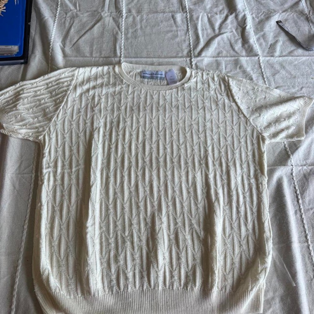 Alfred Dunner cream acrylic sweater with diamond-shaped knit pattern